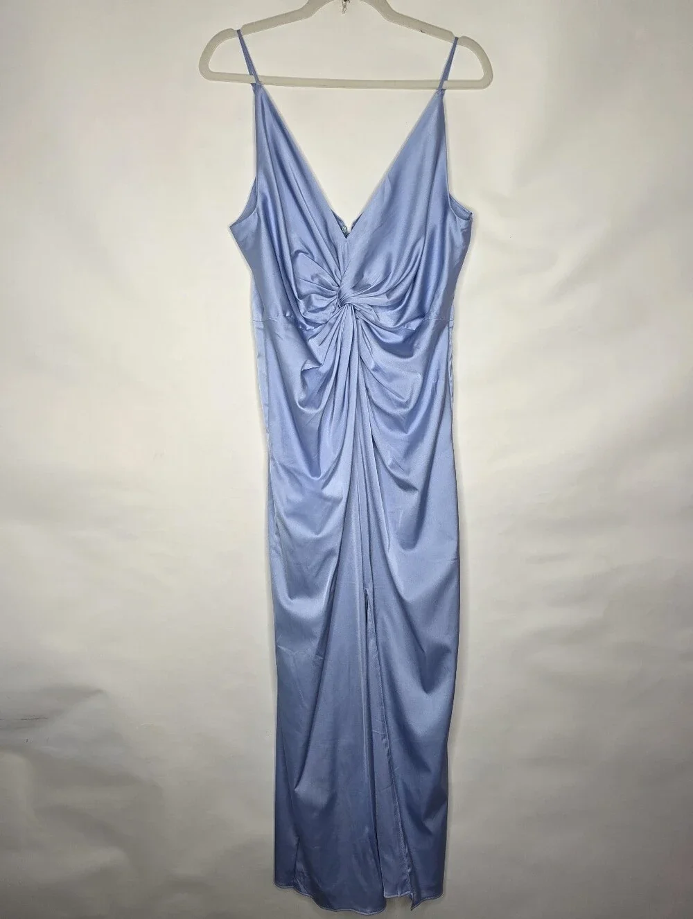 Abercrombie & Fitch Draped Twist Front Maxi Dress Size L Satin Blue Event Party